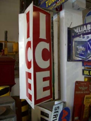 Spinning, 3 sided "Ice" sign. Red, White, and Blue.