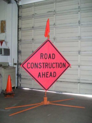 Mesh, "Road Construction Ahead" sign on quad base