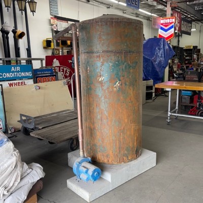 Large Faux Metal, Rusty Water Tank on Wheels w/Pipe Offshoot