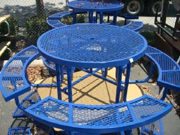 Blue Metal Picnic Tables with Attached Benches (Round)