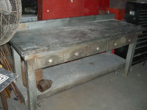 Silver Wooden Work Bench on Wheels with Metal Top