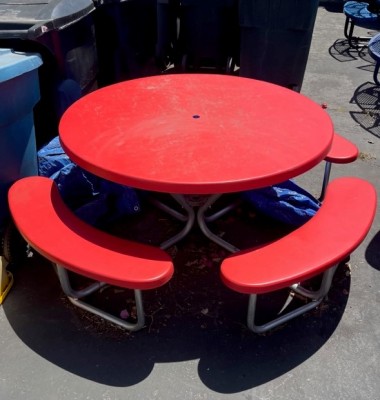 Red fiberglass picnic tables with Attached Benches
