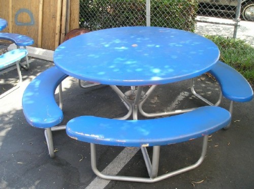 Round, Fiberglass picnic tables with attached seats